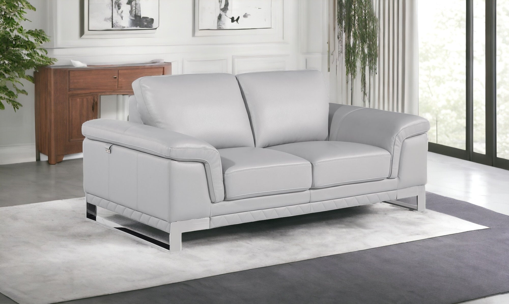 73" Light Gray And Silver Genuine Leather Loveseat-1