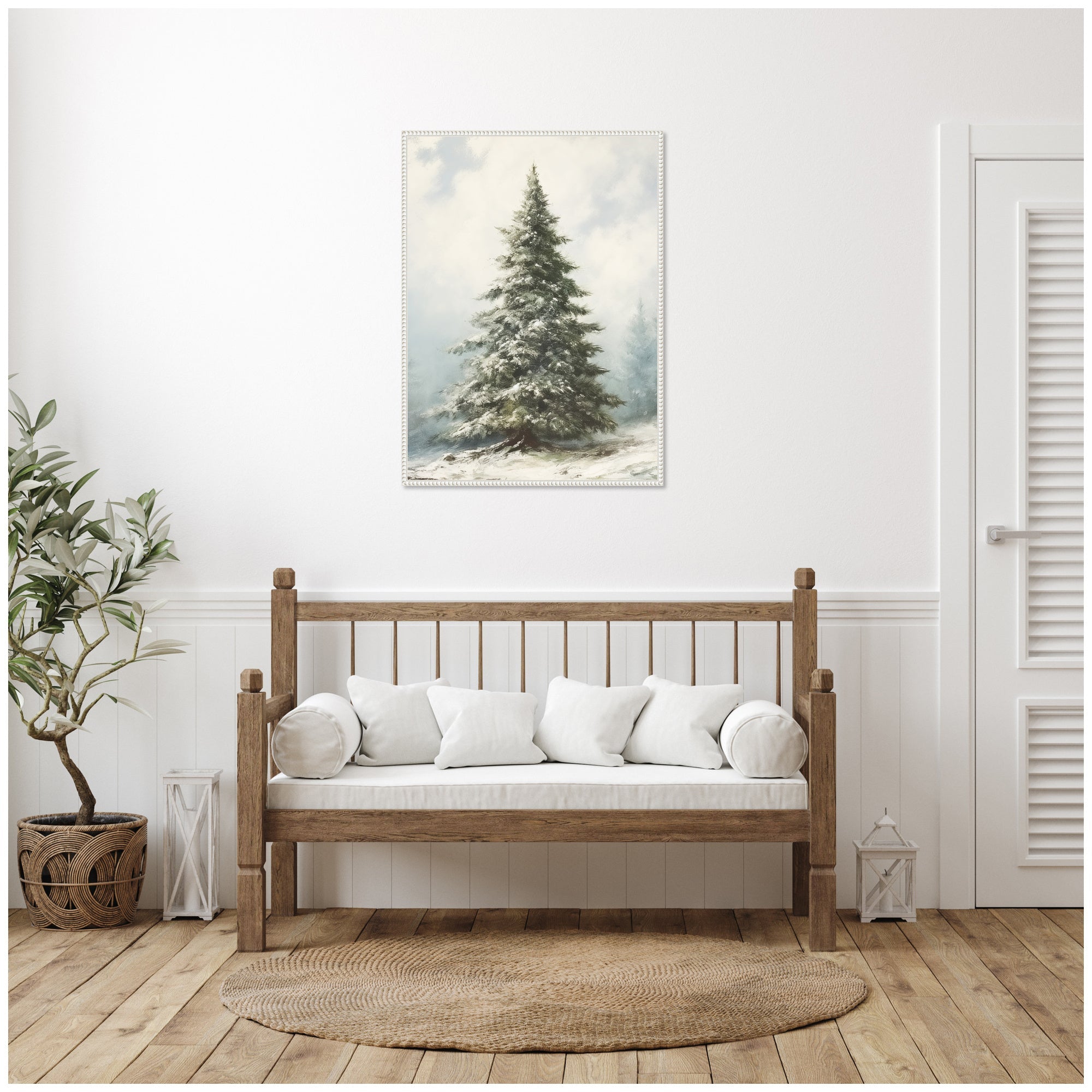 Sylvie Beaded Snow Covered Evergreen Fir Tree Framed Canvas by The Creative Bunch Studio