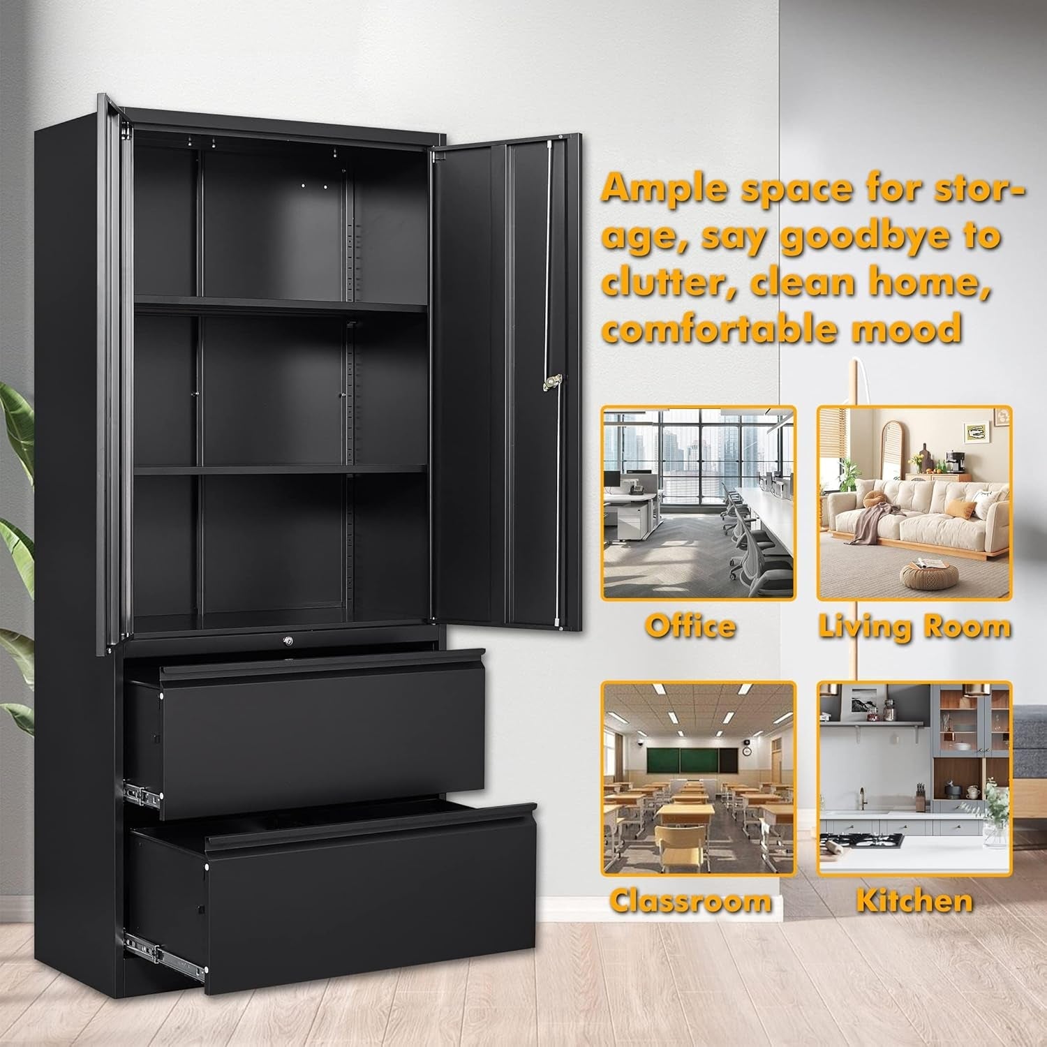Two Drawer Lateral File Cabinet Locking Metal Storage Cabinet Black For Letter And Legal Files