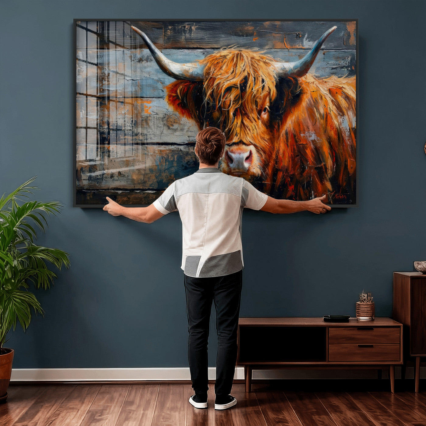 Highland Cow Wall Art Canvas Print, Abstract Rustic Farm