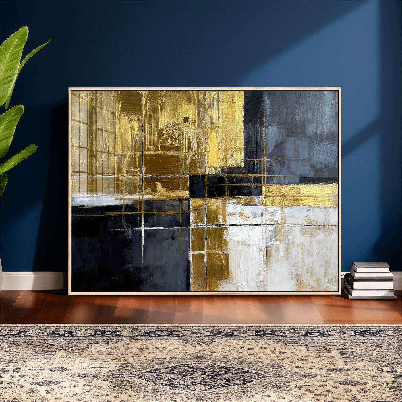 Gold Navy Abstract Wall Art Canvas Print, Modern Luxury
