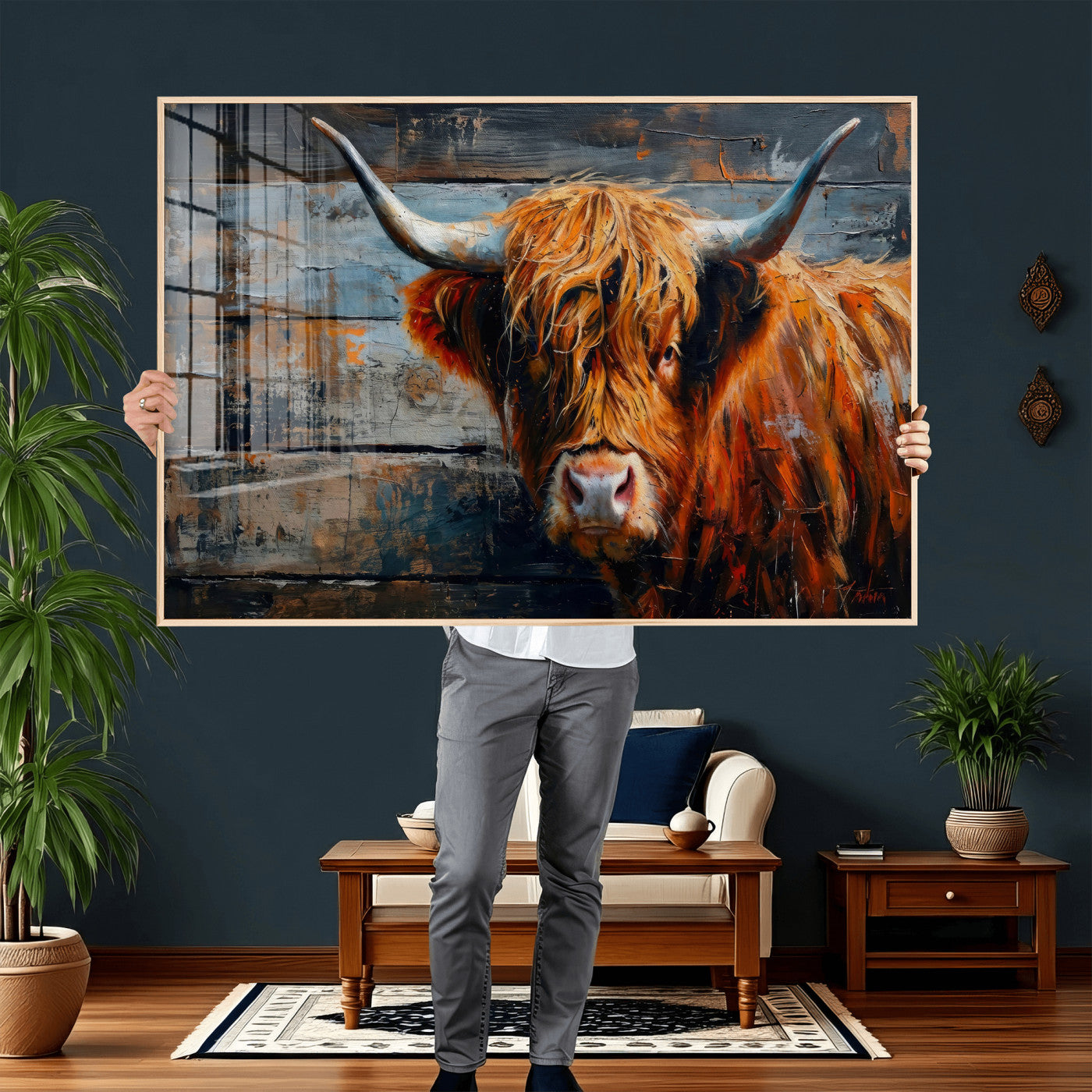 Highland Cow Wall Art Canvas Print, Abstract Rustic Farm
