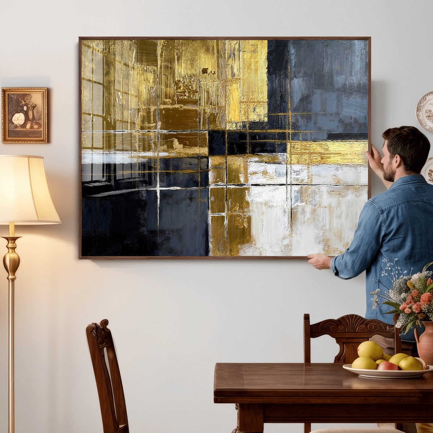 Gold Navy Abstract Wall Art Canvas Print, Modern Luxury