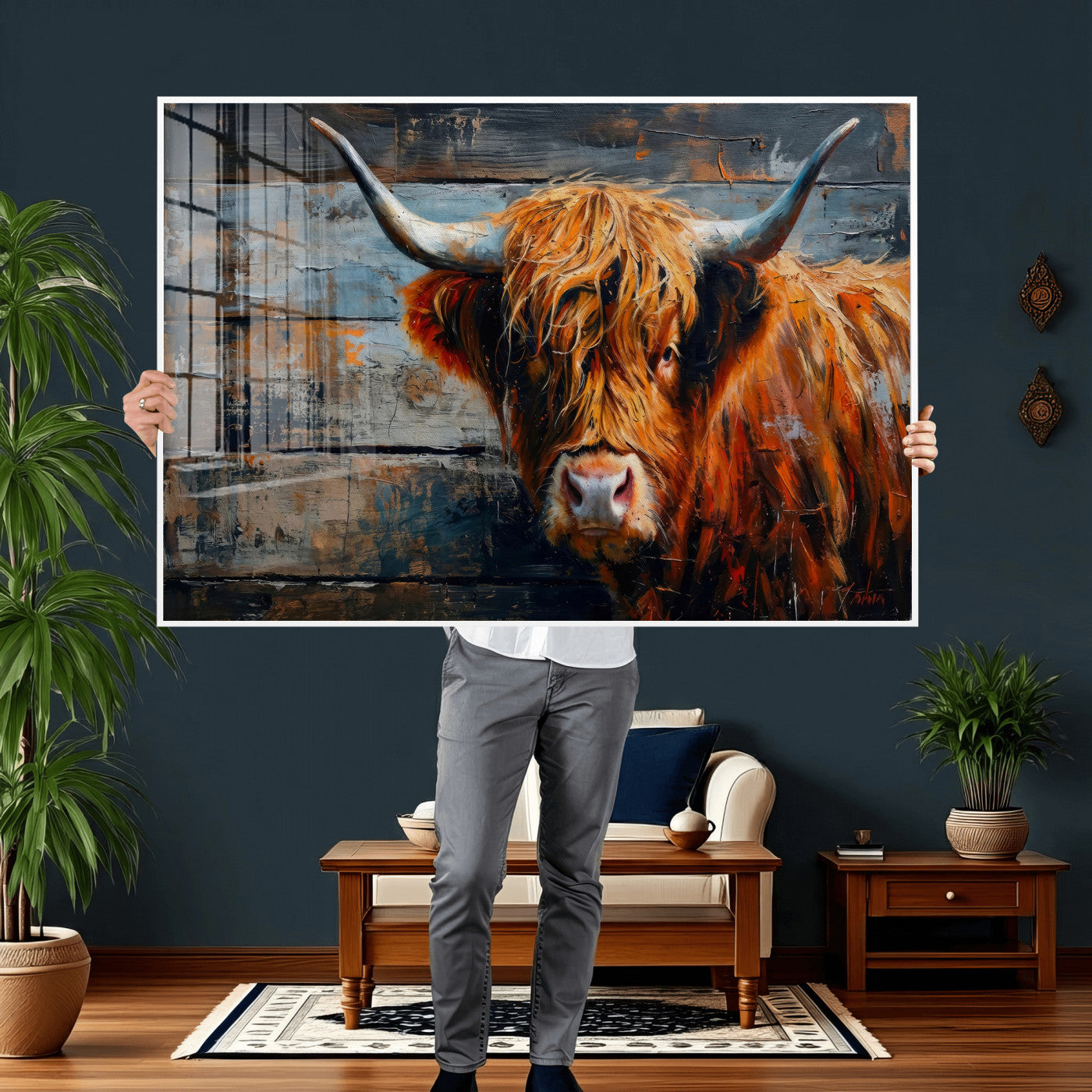 Highland Cow Wall Art Canvas Print, Abstract Rustic Farm