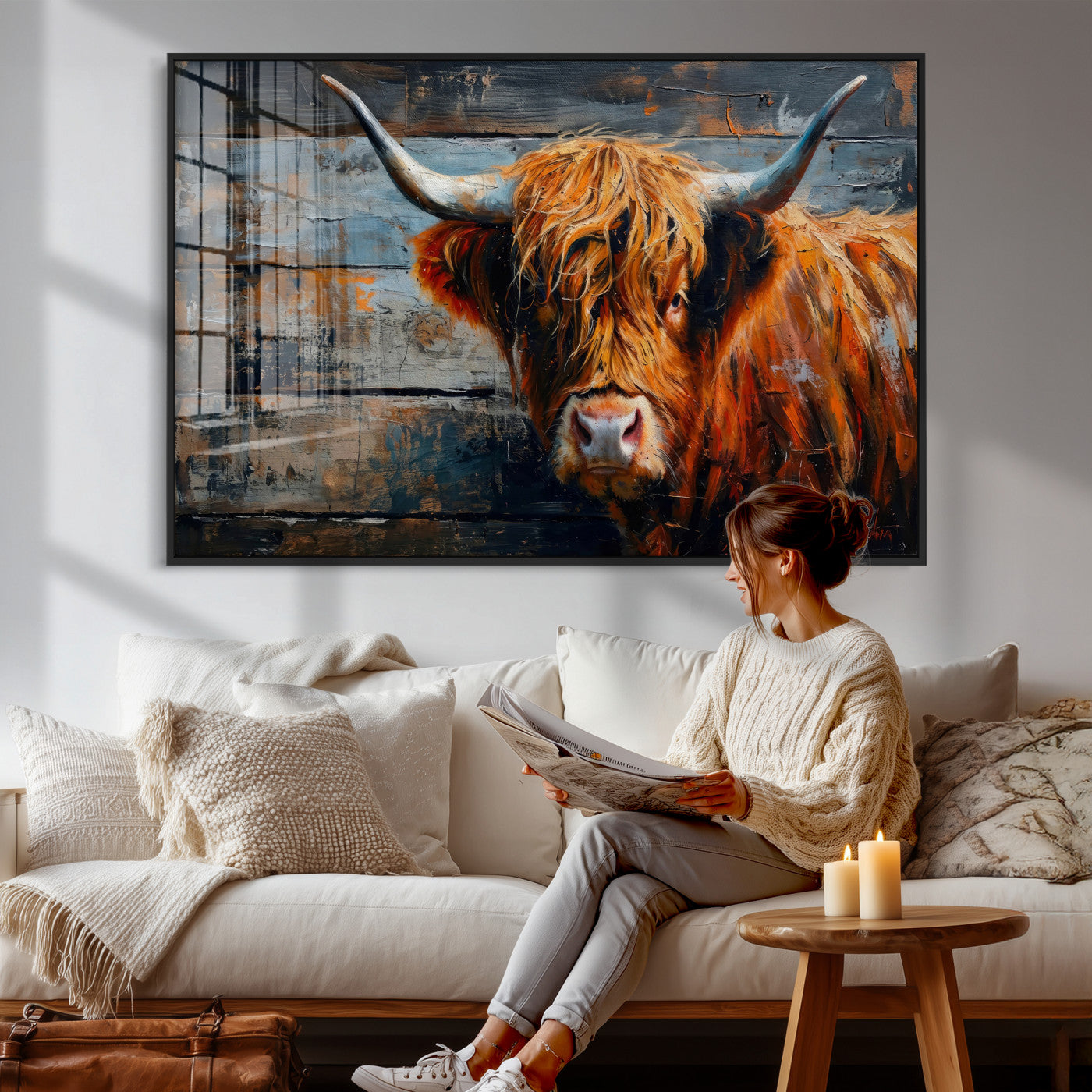 Highland Cow Wall Art Canvas Print, Abstract Rustic Farm