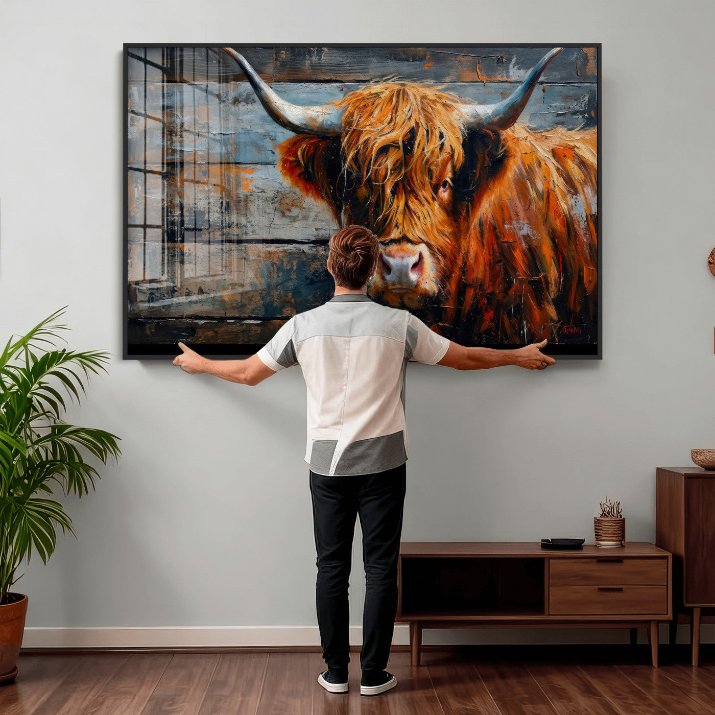Highland Cow Wall Art Canvas Print, Abstract Rustic Farm