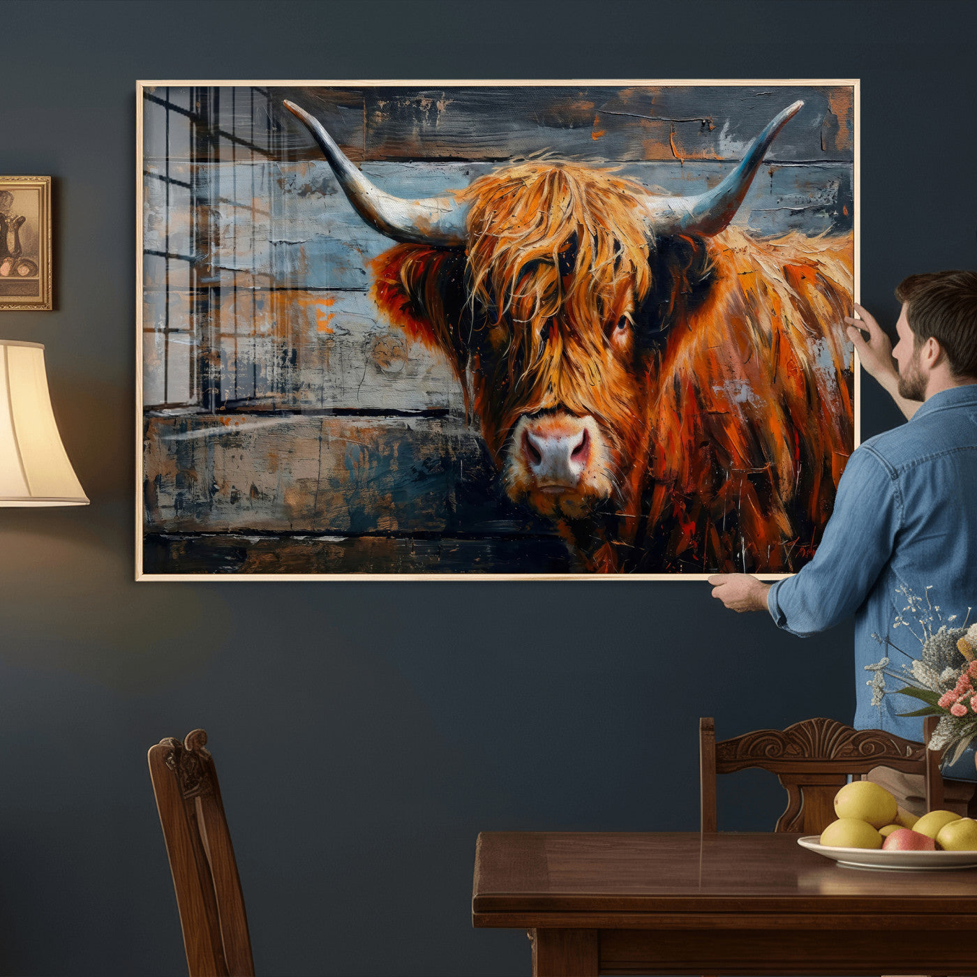 Highland Cow Wall Art Canvas Print, Abstract Rustic Farm