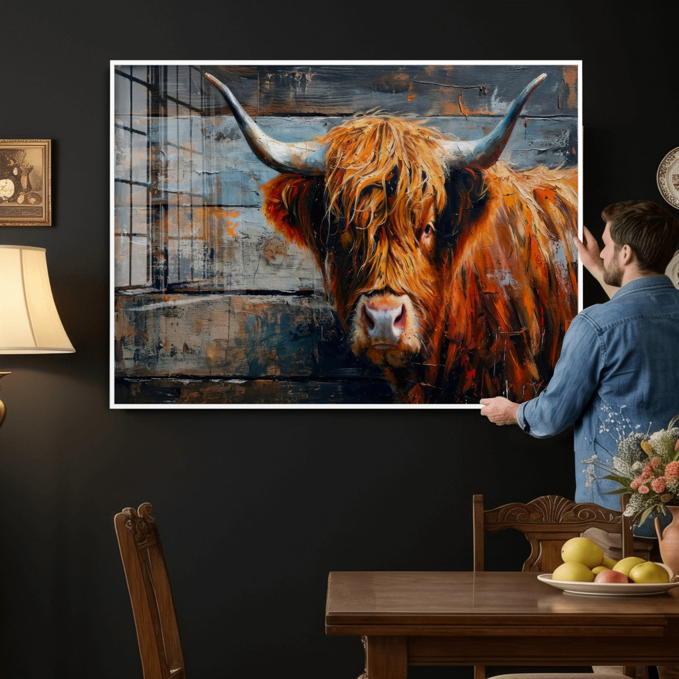 Highland Cow Wall Art Canvas Print, Abstract Rustic Farm