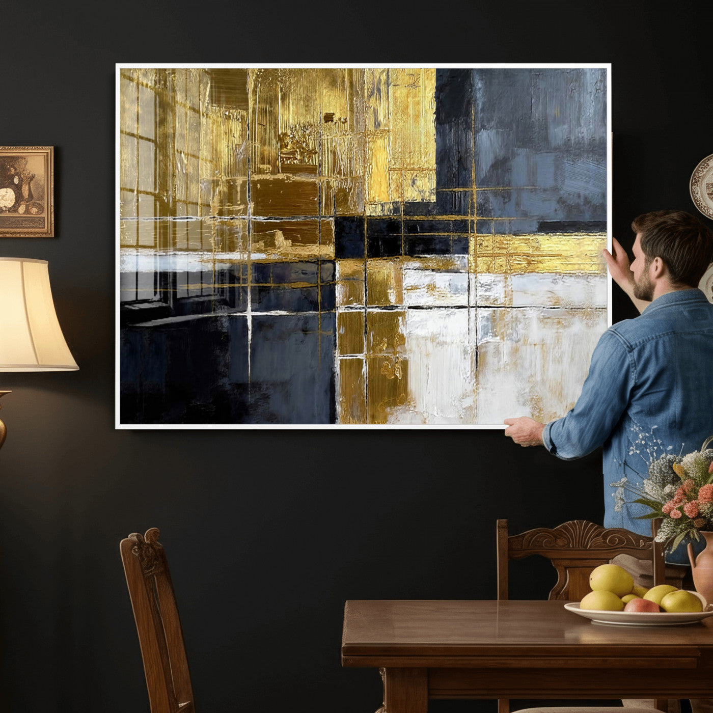 Gold Navy Abstract Wall Art Canvas Print, Modern Luxury