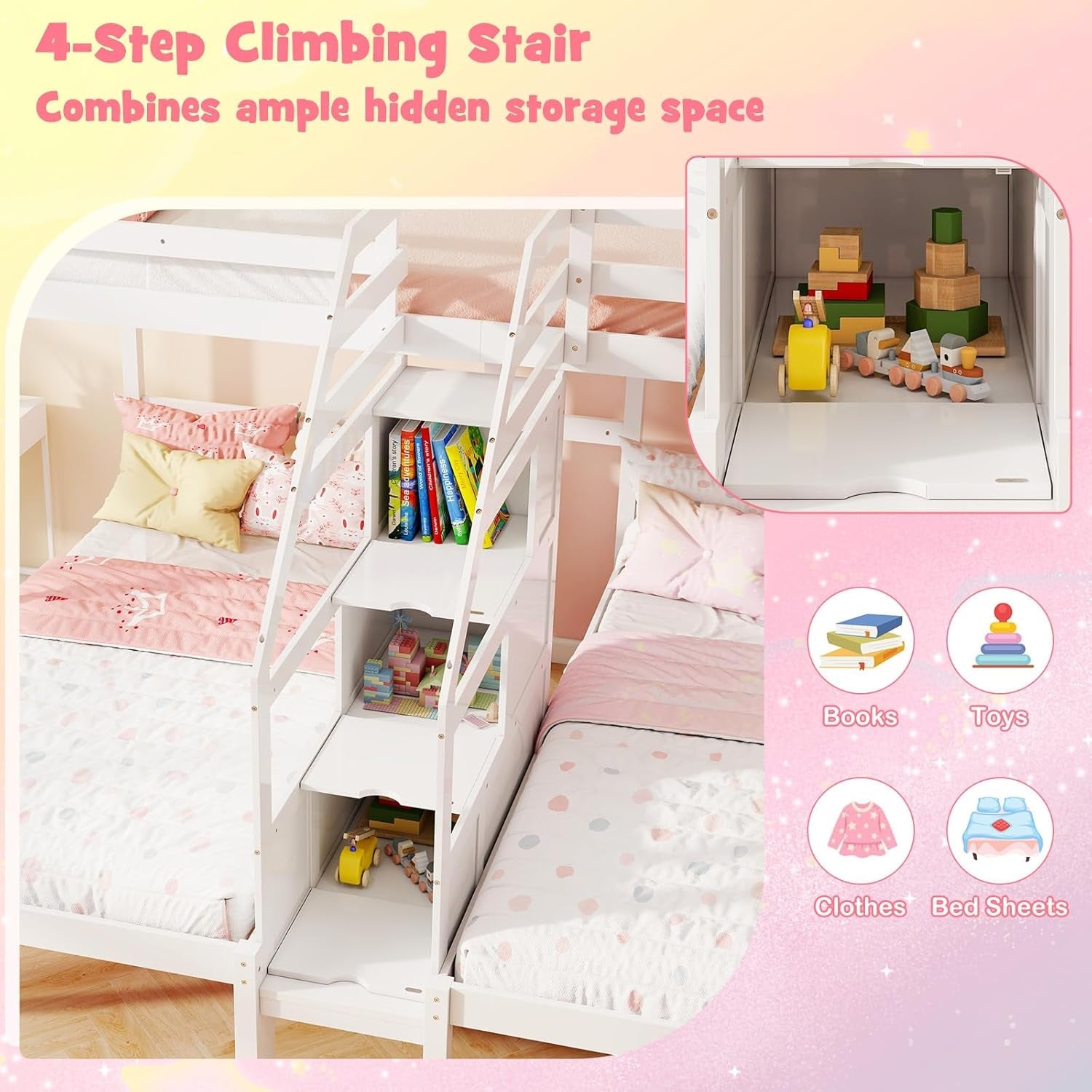 White Solid Wood Triple Bunk Bed With Storage Stair