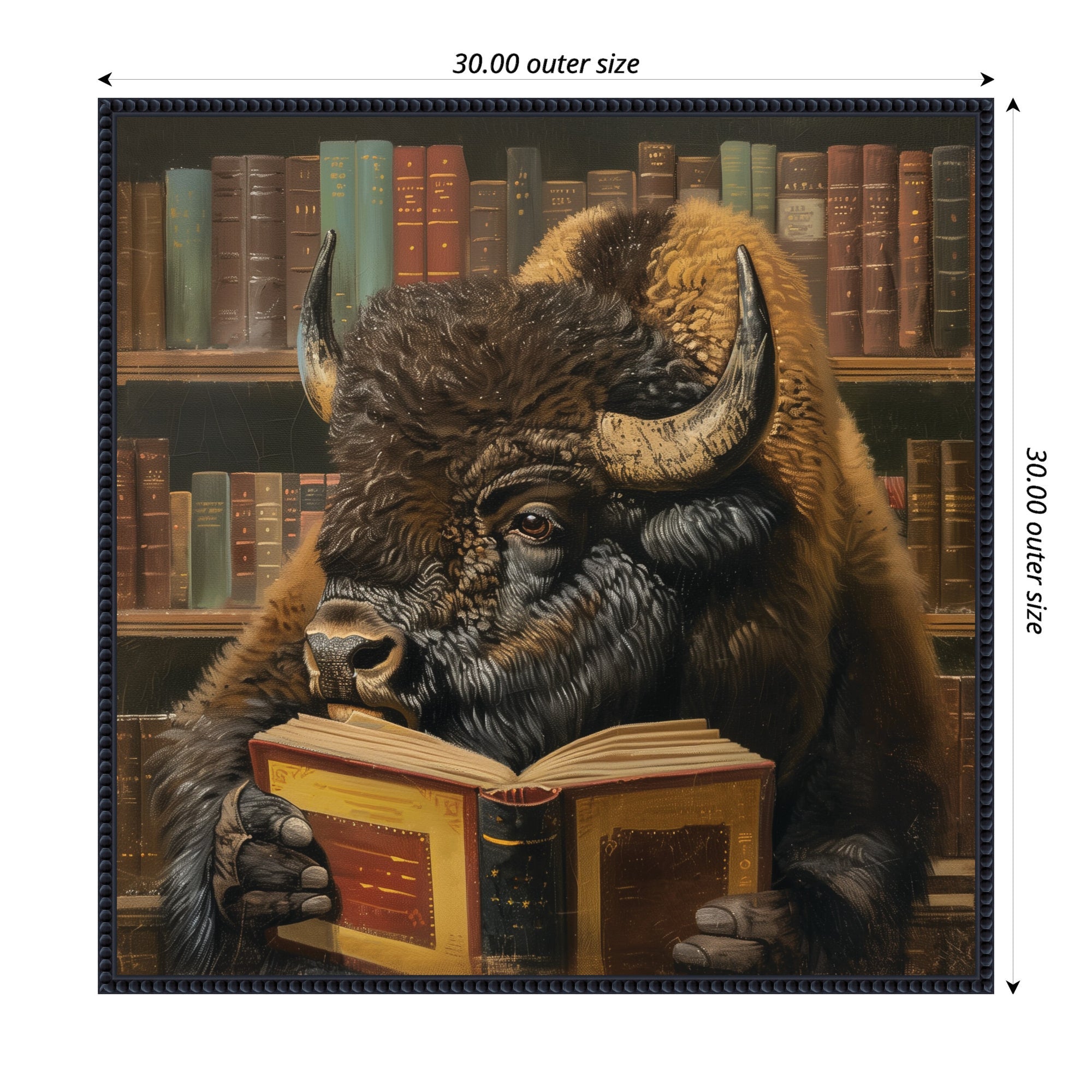 Sylvie Traditional Buffalo Reading in Library Framed Canvas by The Creative Bunch Studio