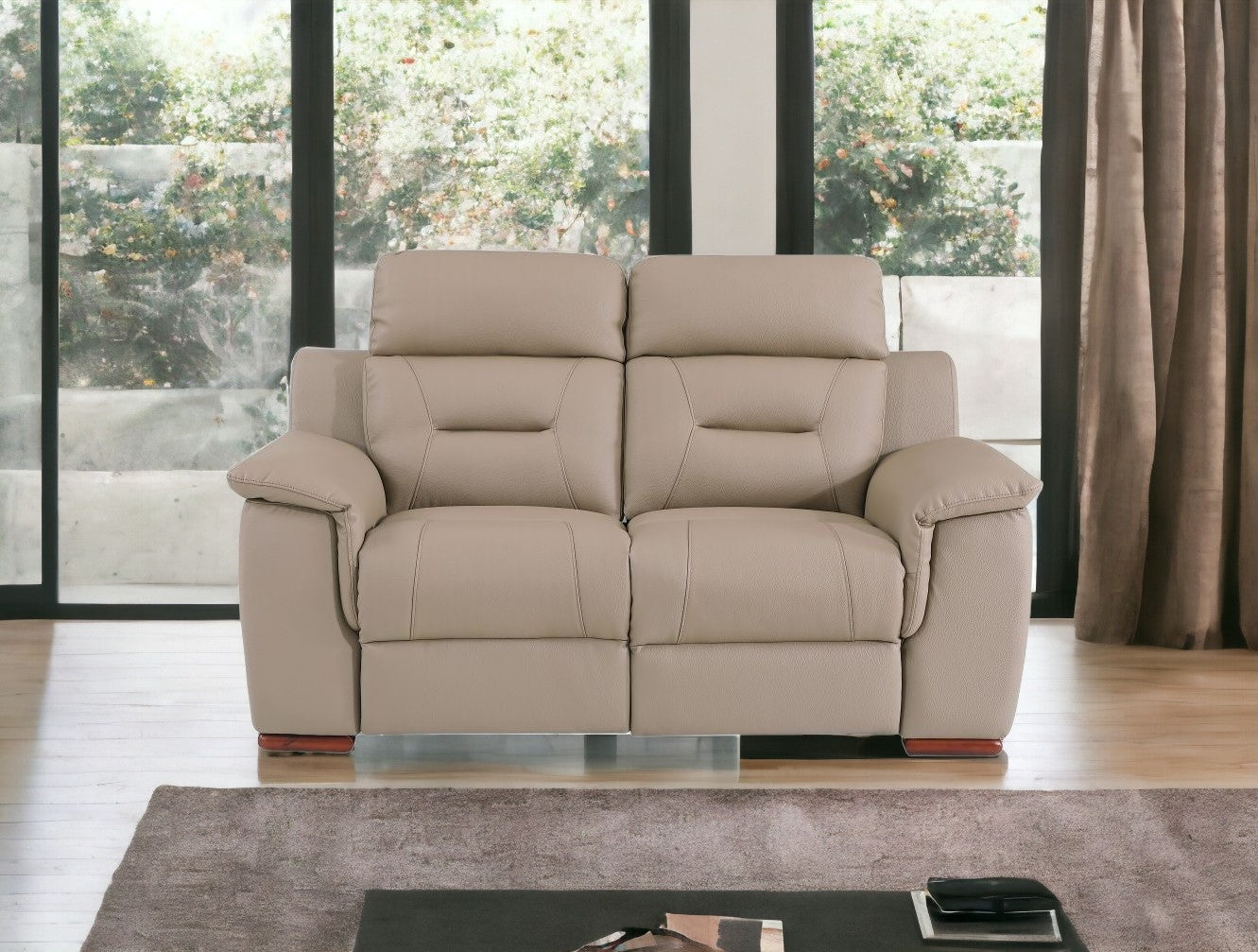 67" Beige And Brown Faux Leather Manual Reclining Loveseat-1