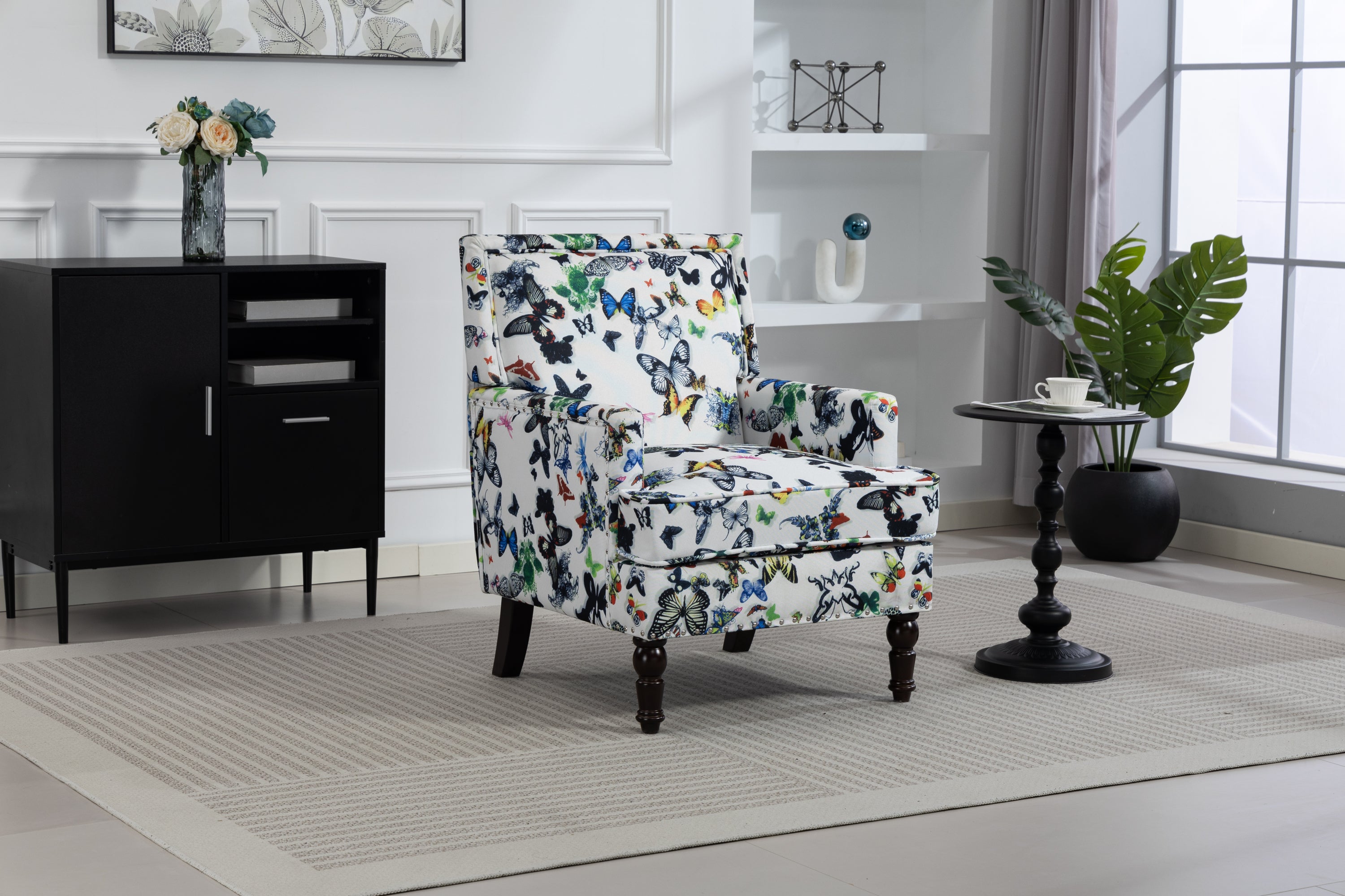 Upholstered Accent Chair, Vintage Armchair with Linen Fabric and Nailhead Trim