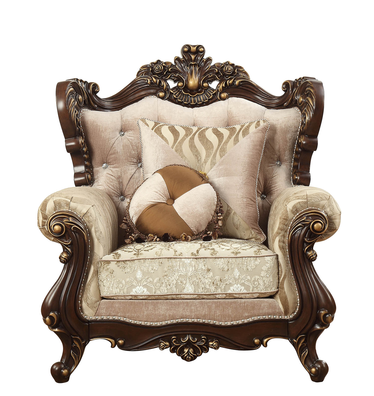 36" Beige And Brown Fabric Damask Tufted Chesterfield Chair And Toss Pillows-0