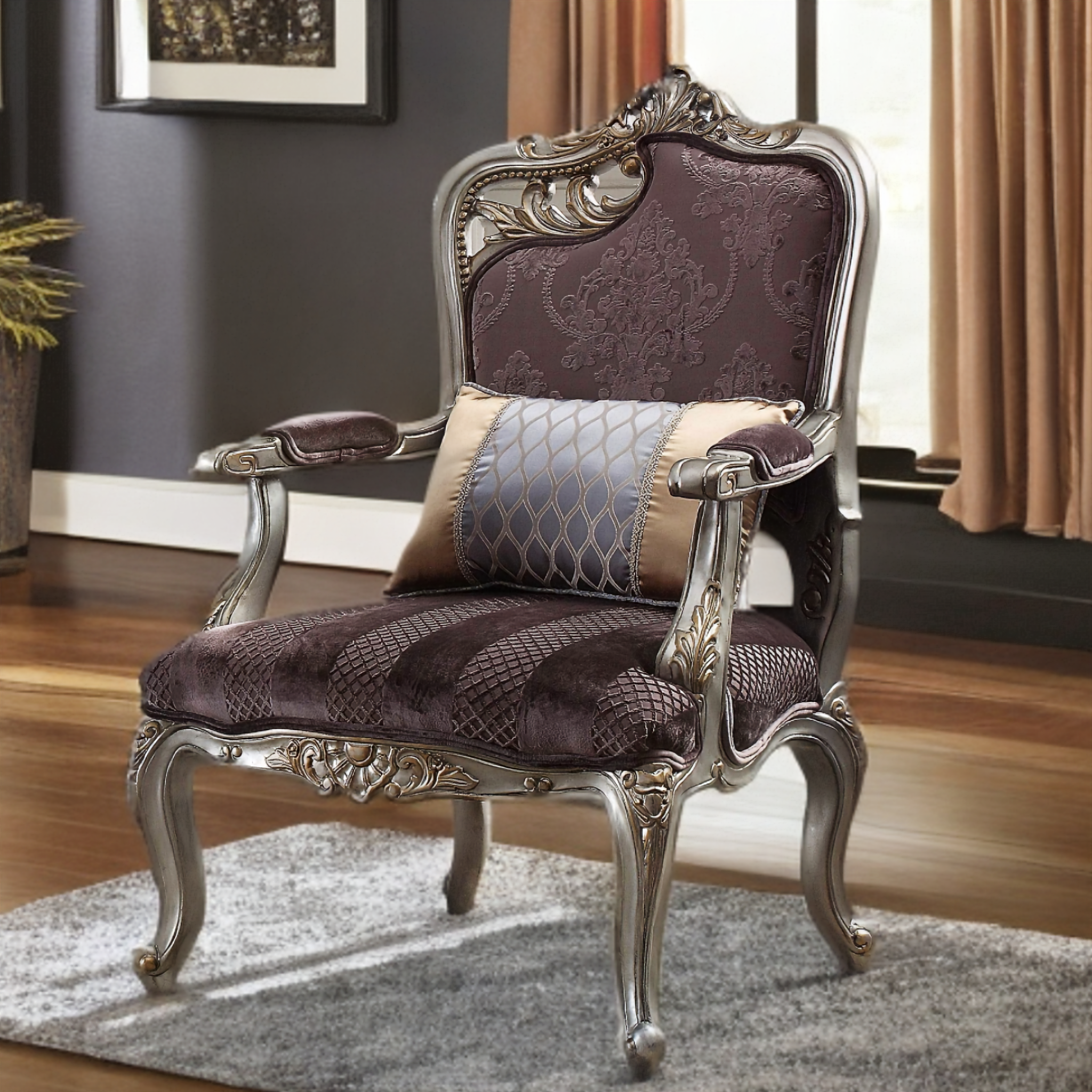 29" Black And Platinum Velvet Floral Arm Chair And Toss Pillow-0