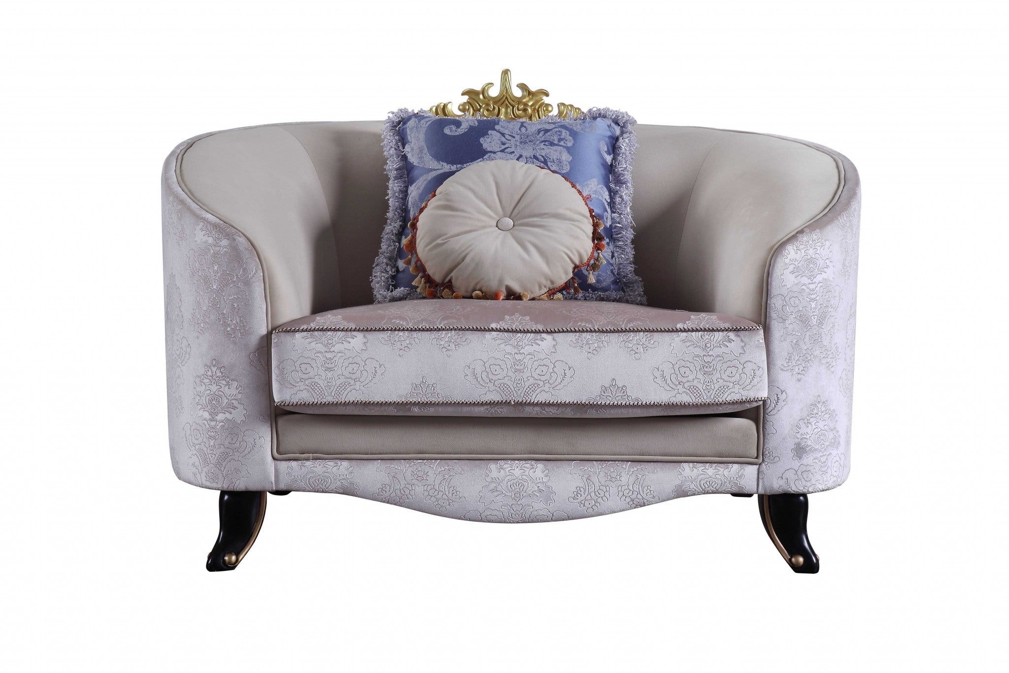 38" Cream And Black Velvet Damask Barrel Chair And Toss Pillows-0