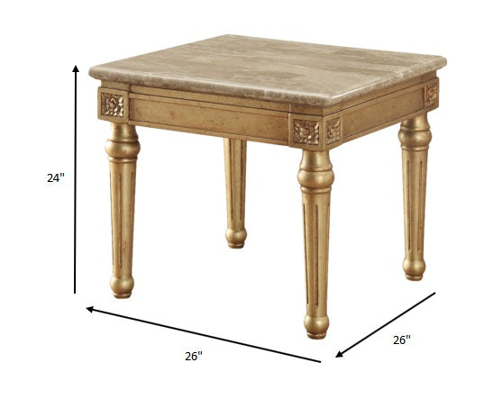 24" Antique Gold And White Faux Marble Square End Table-7