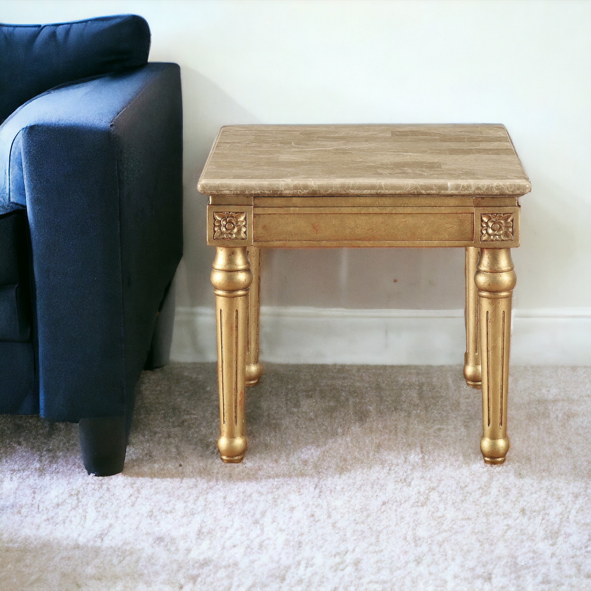 24" Antique Gold And White Faux Marble Square End Table-0