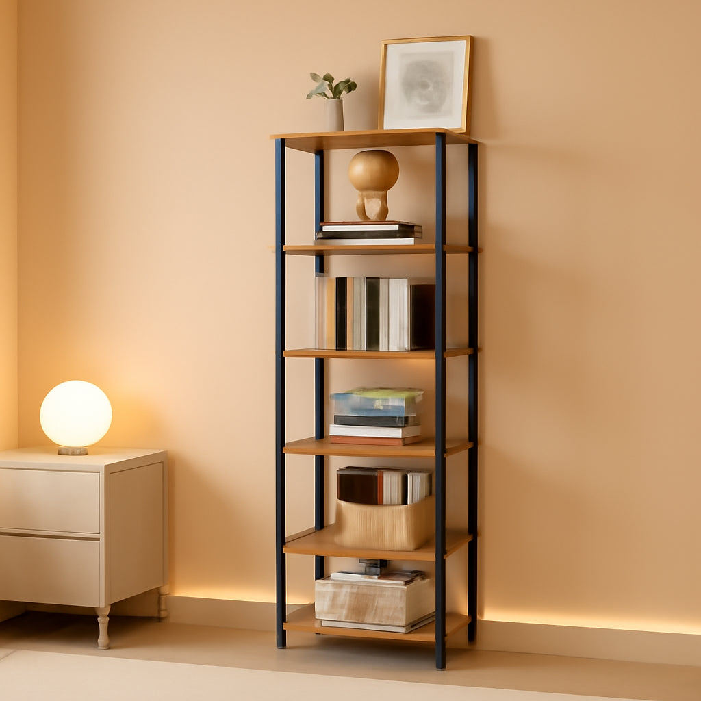 Six Tier Tall Bookshelf Narrow Rustic Brown Bookcase