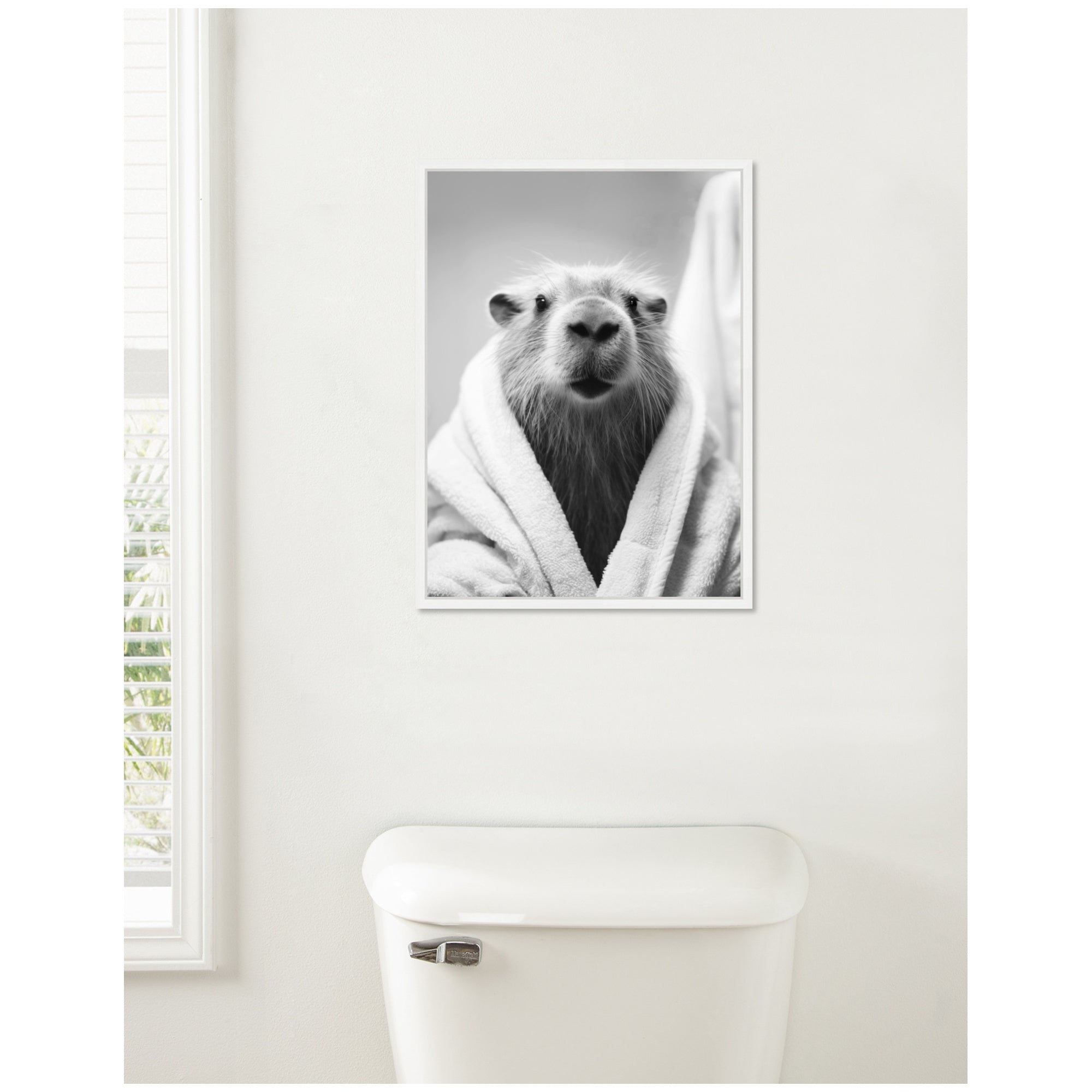 Sylvie Capybara Bathroom Art Towel Robe Black and White Framed Canvas by The Creative Bunch Studio