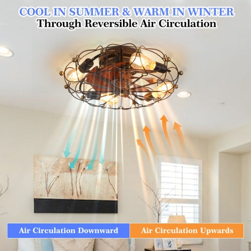 Low Profile Cage Ceiling Fan With Light Remote Control, Built-in Modern Industrial Ceiling Fan