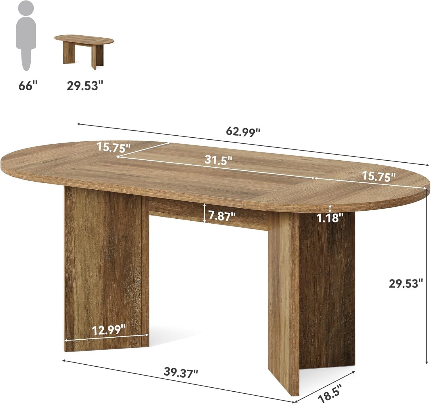 63 Inch Rustic Oval Dining Table With Metal Base Durable