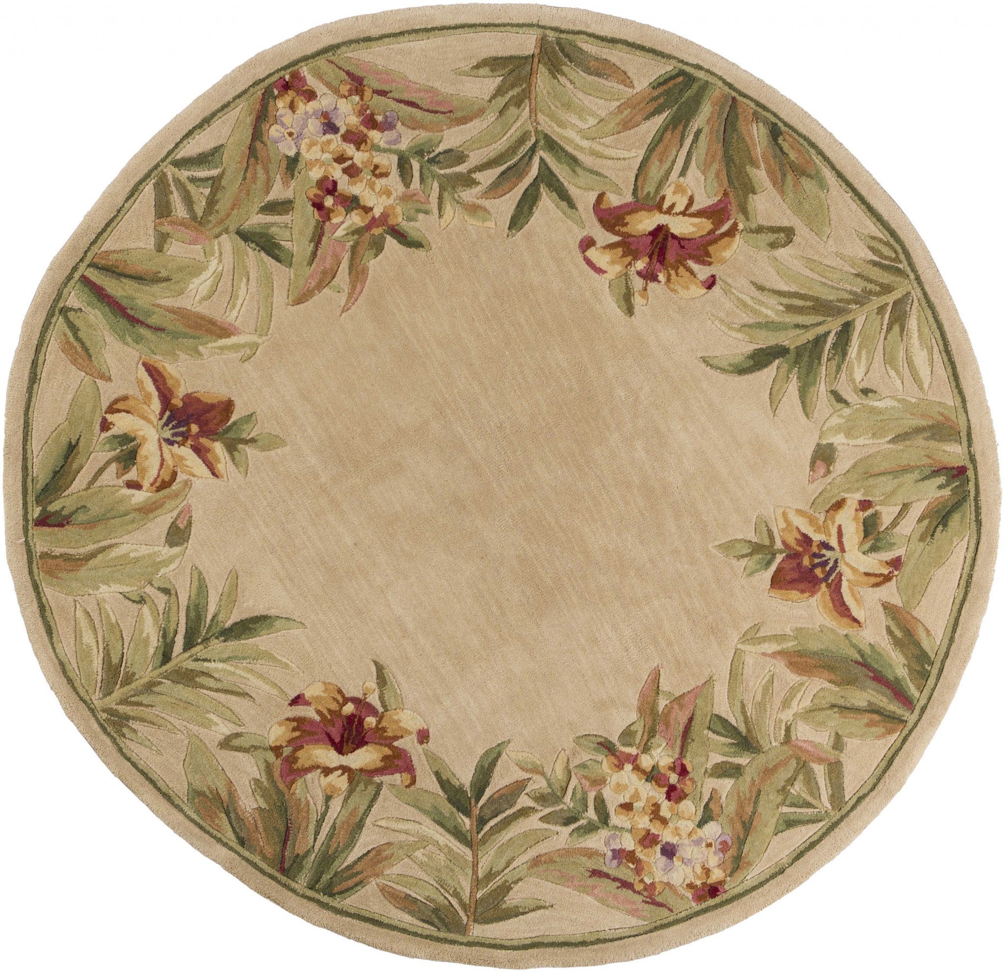 8' Ivory Round Wool Tropical Floral Hand Tufted Area Rug-1