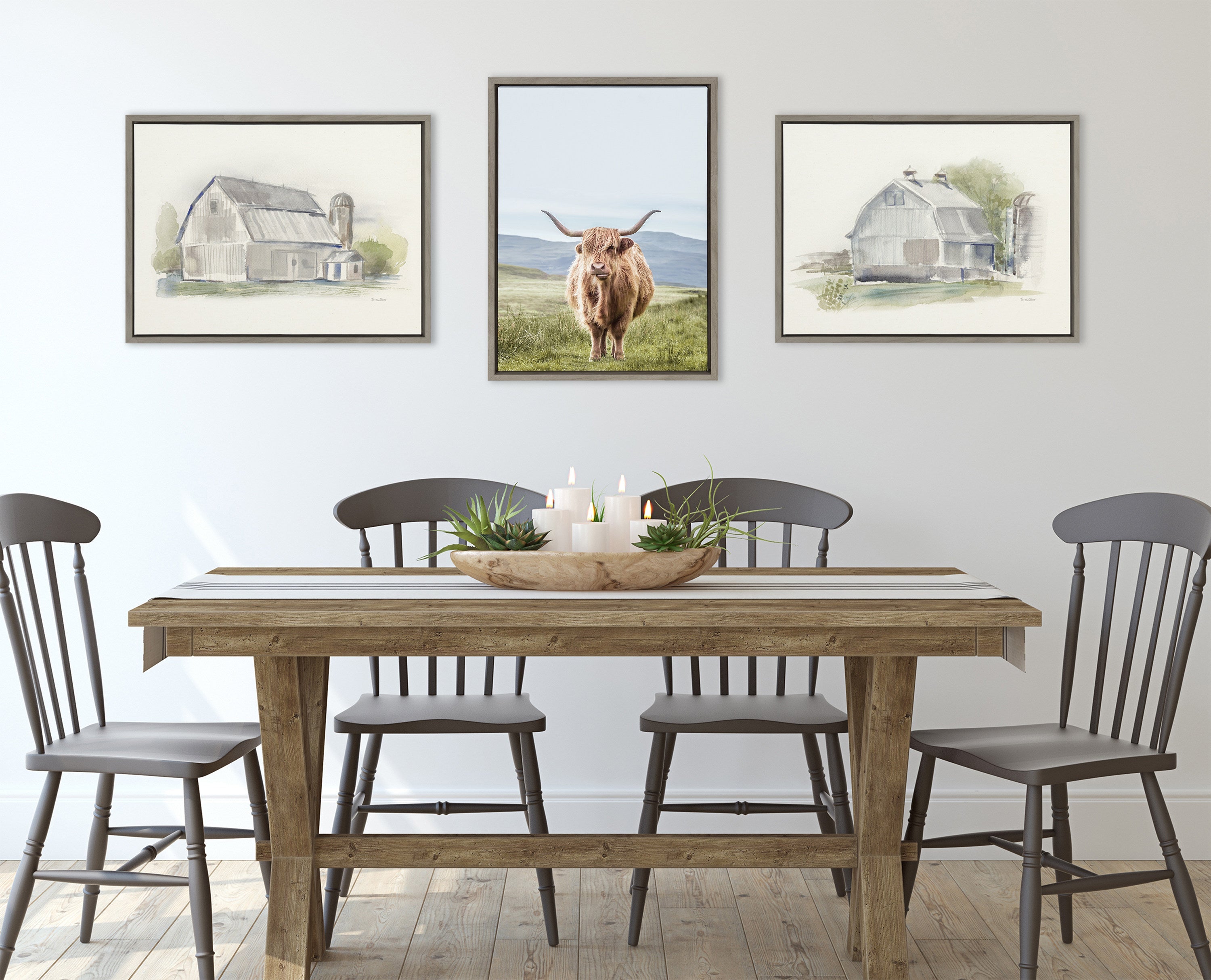 Sylvie Highland Cow Mountain Landscape Framed Canvas by The Creative Bunch Studio