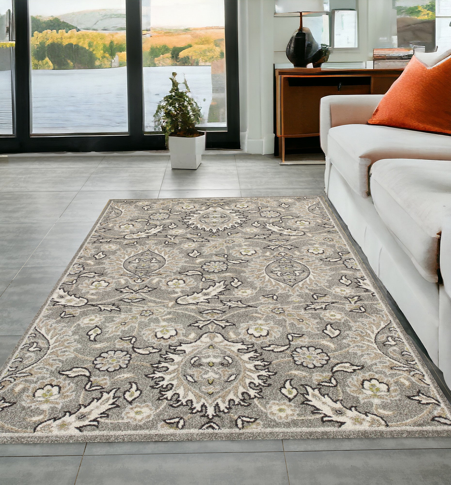 5' X 8' Grey Medallion Uv Treated Area Rug-0