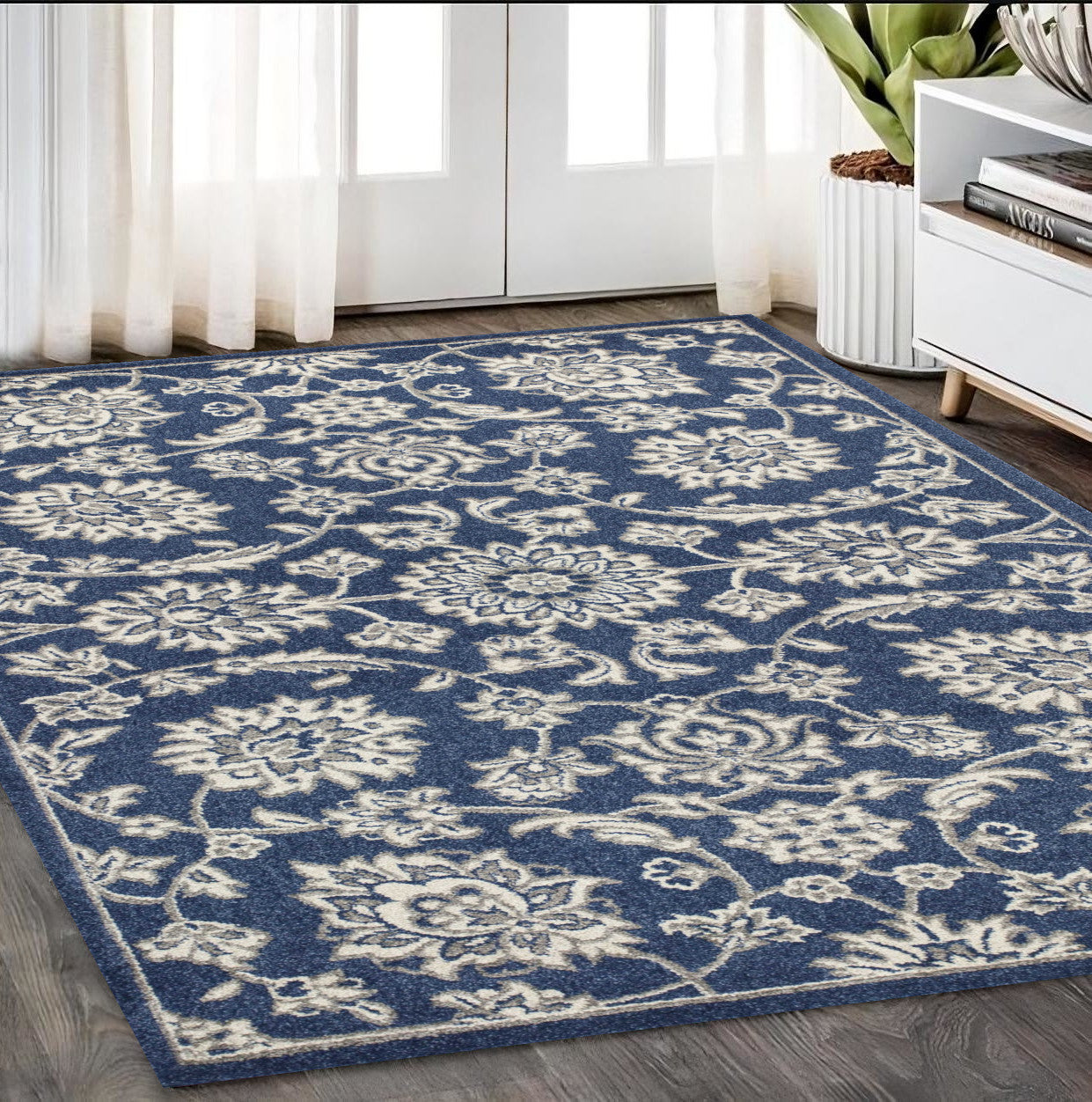 5' X 8' Denim Floral Vines Uv Treated Area Rug-0