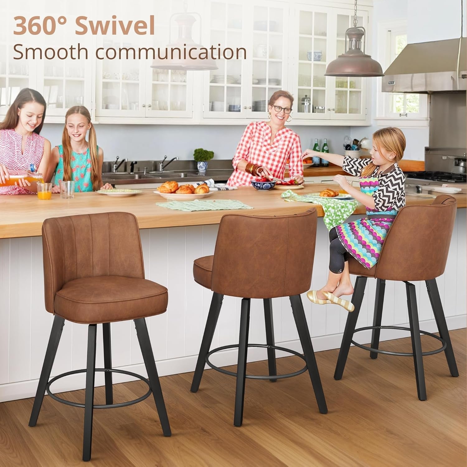 Set of 3 26 Inch Counter Height Bar Stools Swivel Wood Legs