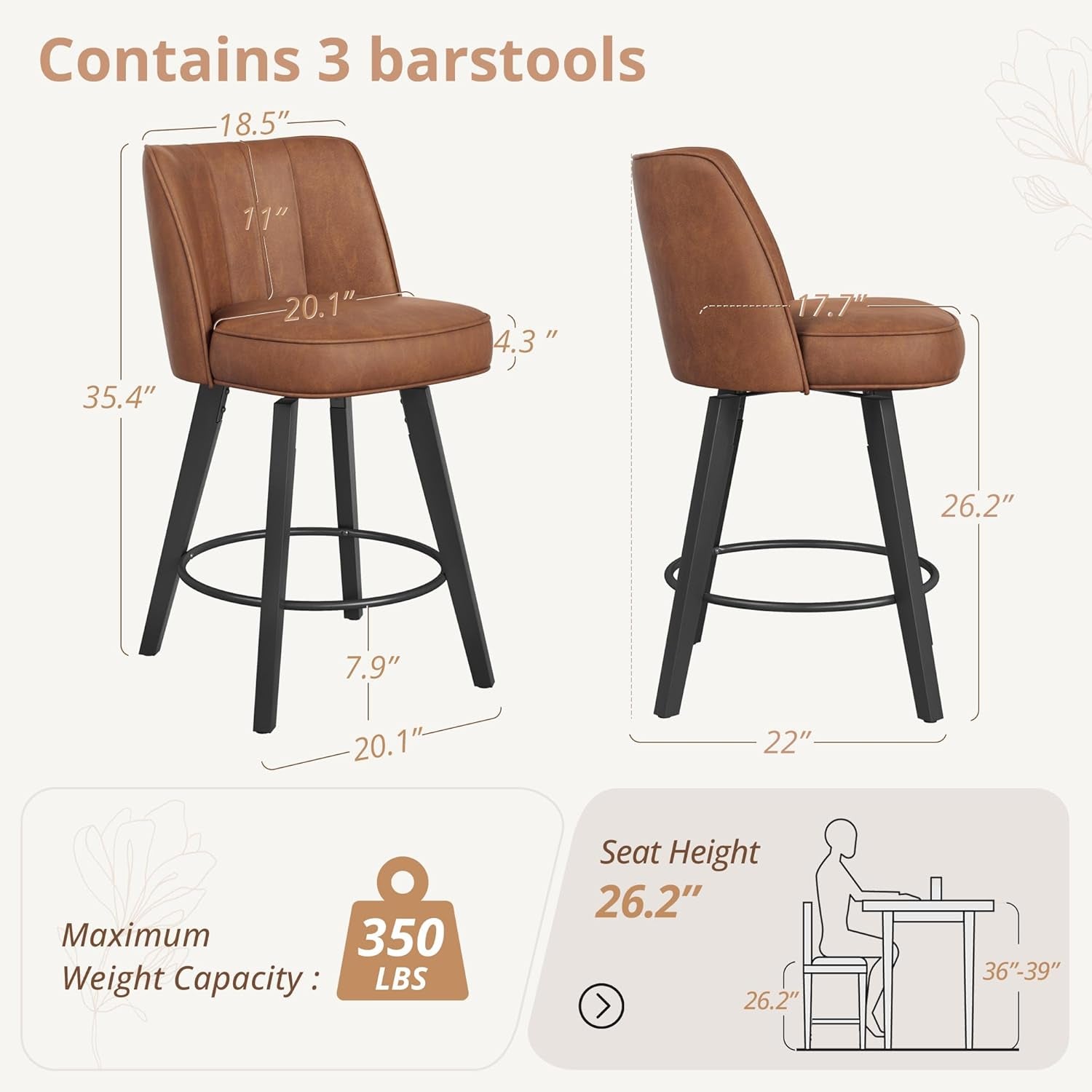 Set of 3 26 Inch Counter Height Bar Stools Swivel Wood Legs