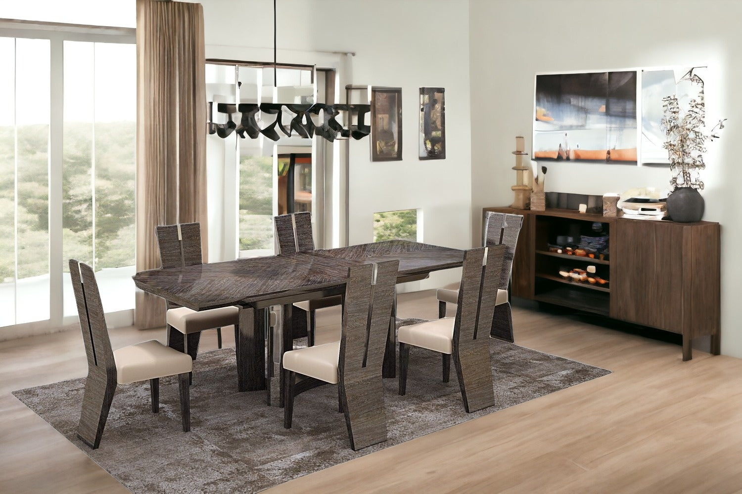 Seven Piece Gray Dining Set with Six Chairs-0