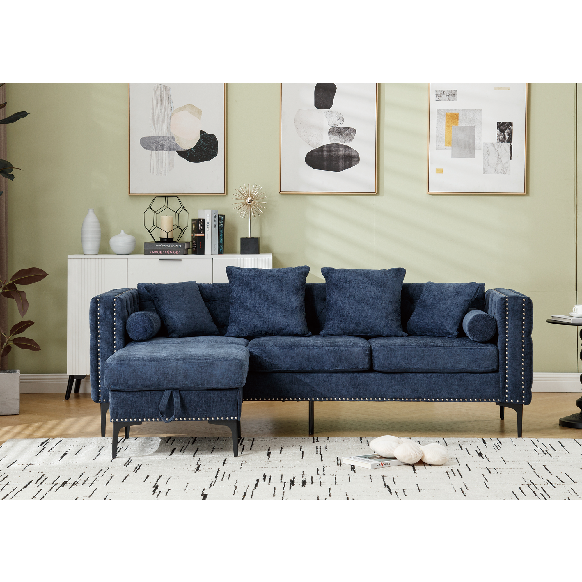 L Shaped Sectional Convertible Sofa with Storage Ottoman and Modern Tufted style-3