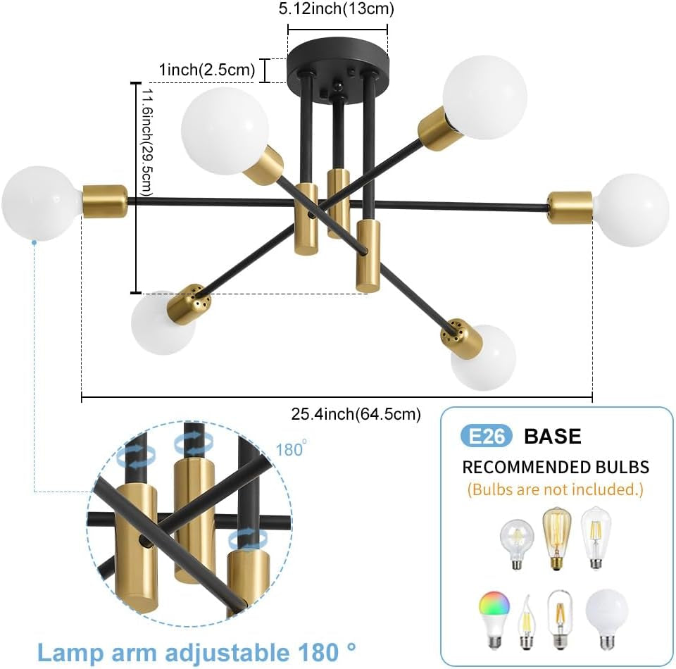 31 Inch 6 Light Sputnik Chandelier Goldtone and Black-3