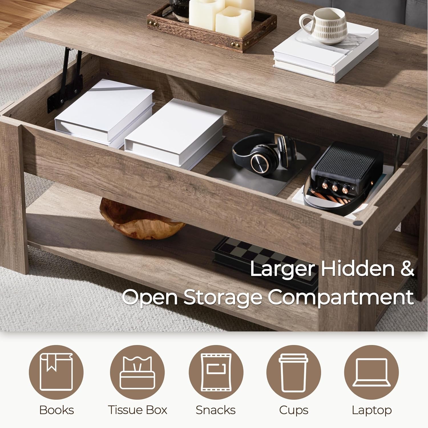 Lift Top Coffee Table With Hidden Compartment Grey