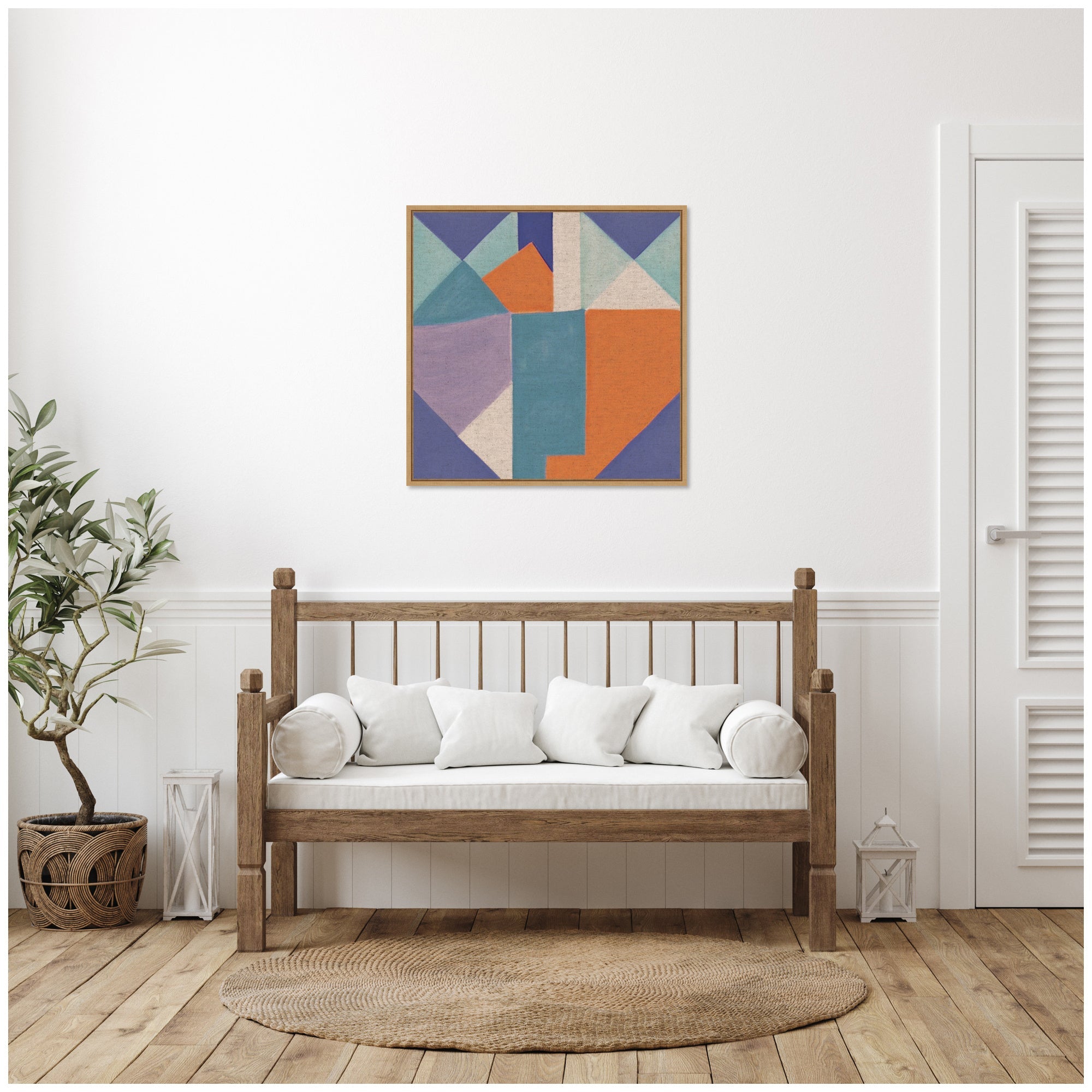 Sylvie Painterly Soft Geometric Shapes Neutral Linen Framed Canvas by The Creative Bunch Studio