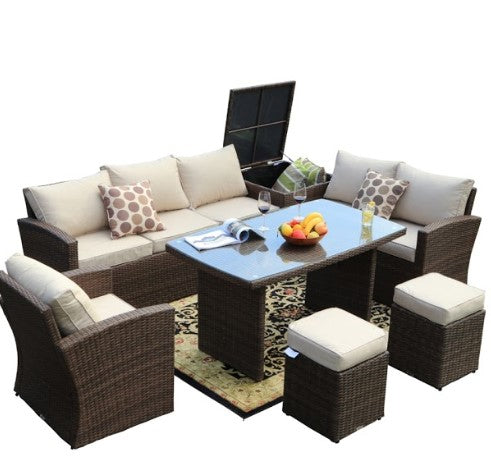 179.85" X 31.89" 32.68" Brown 7Piece Steel Outdoor Sectional Sofa Set With Ottomans And Storage Box-1