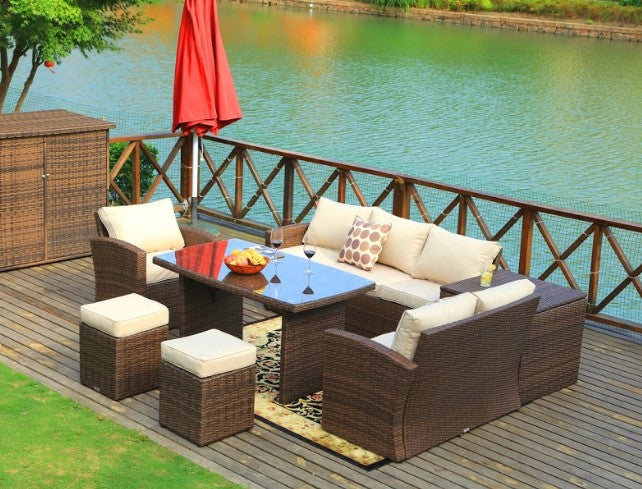 179.85" X 31.89" 32.68" Brown 7Piece Steel Outdoor Sectional Sofa Set With Ottomans And Storage Box-0