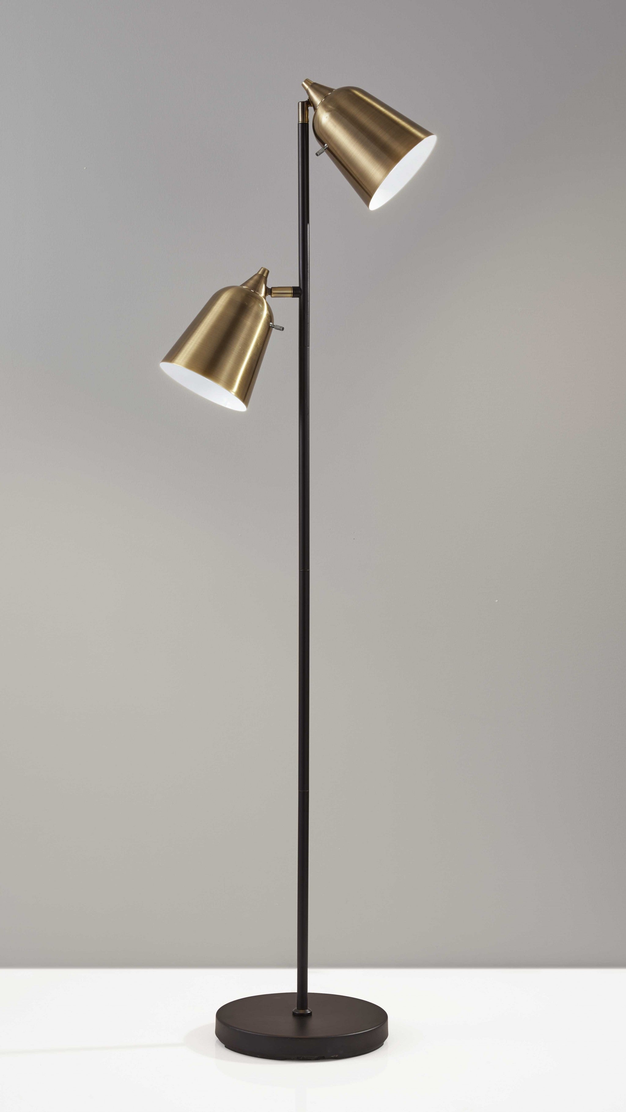 58" Black Two Light Floor Lamp With Antiqued Brass Cone Shades-4