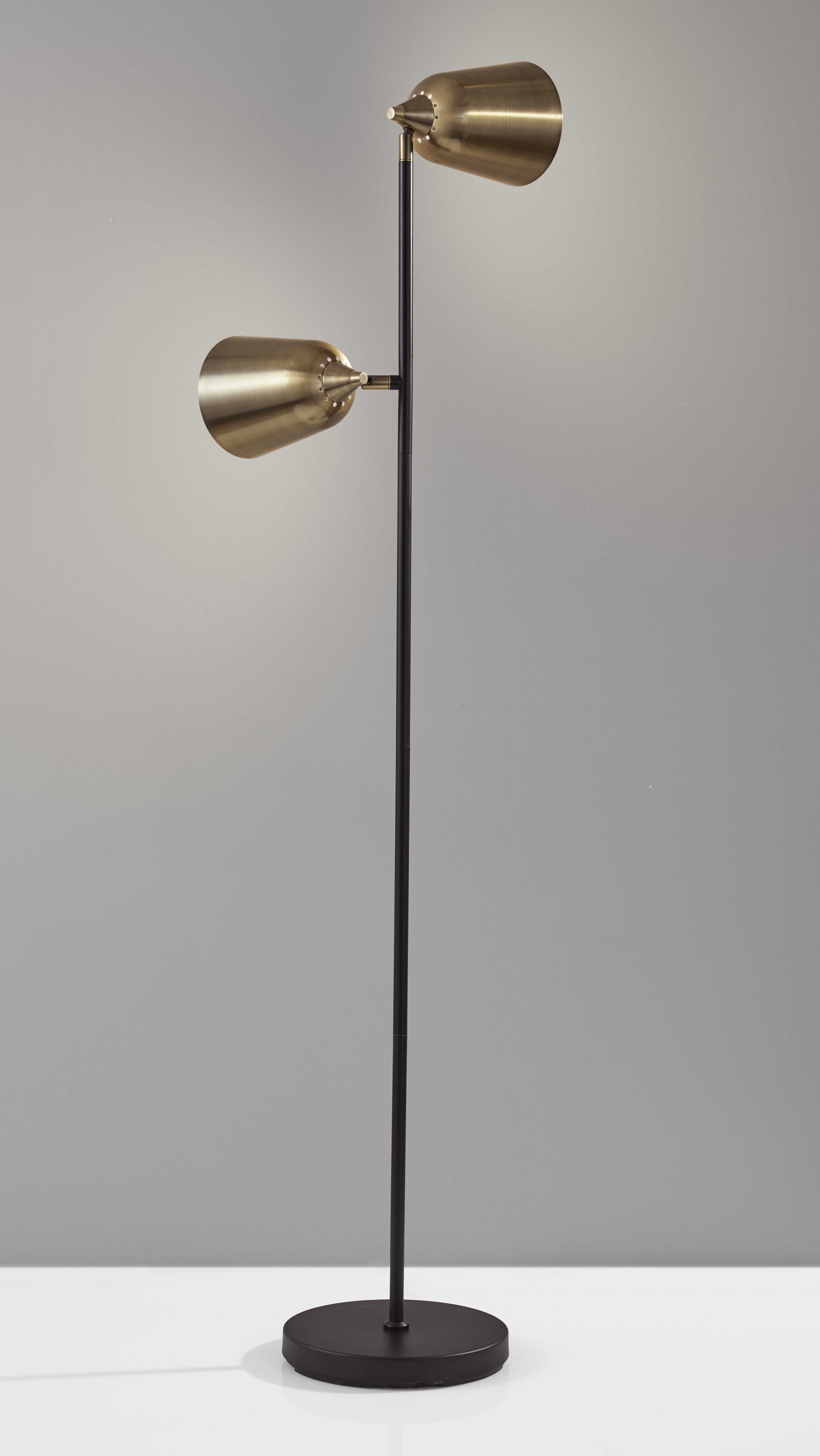 58" Black Two Light Floor Lamp With Antiqued Brass Cone Shades-5