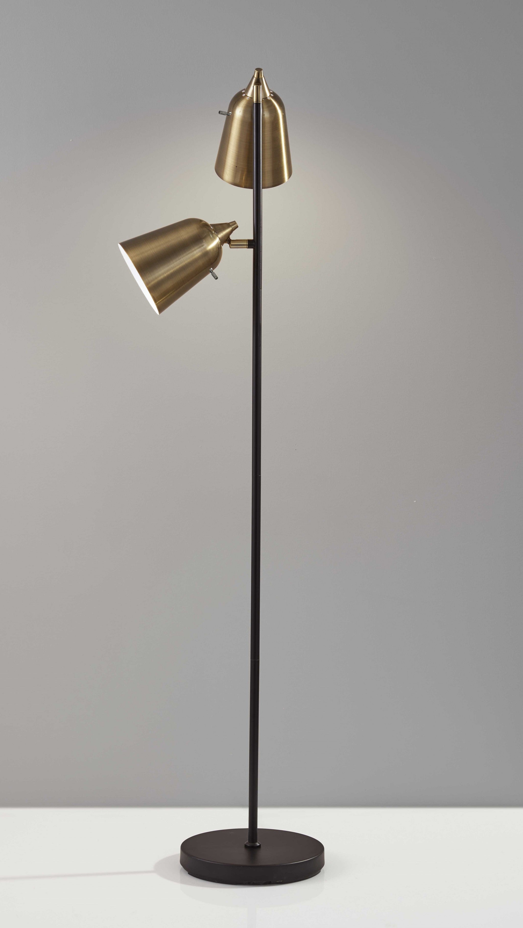 58" Black Two Light Floor Lamp With Antiqued Brass Cone Shades-6