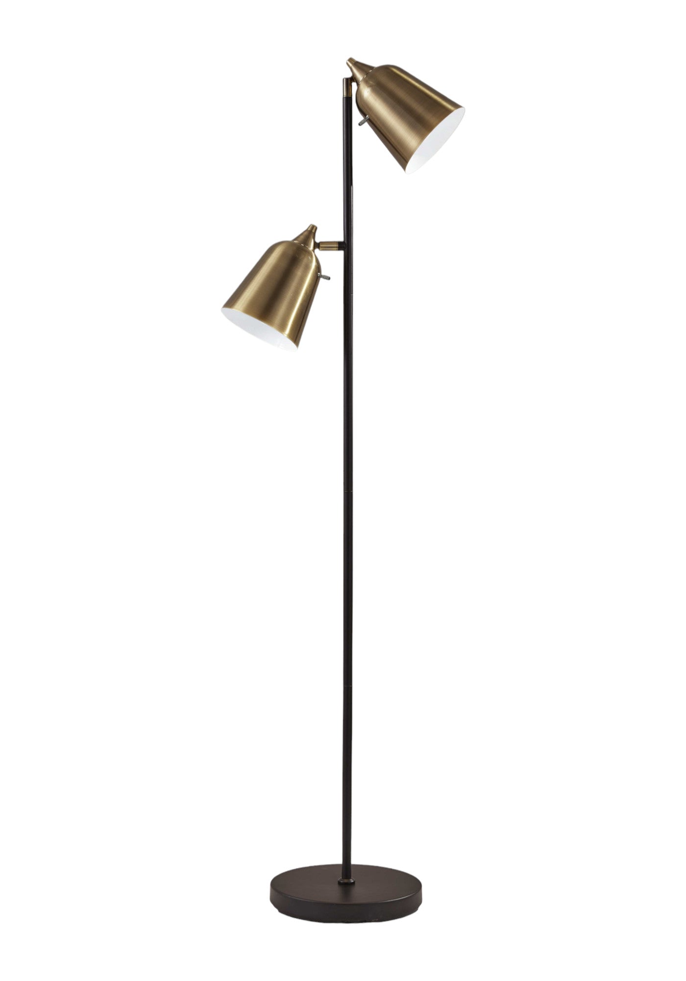 58" Black Two Light Floor Lamp With Antiqued Brass Cone Shades-1