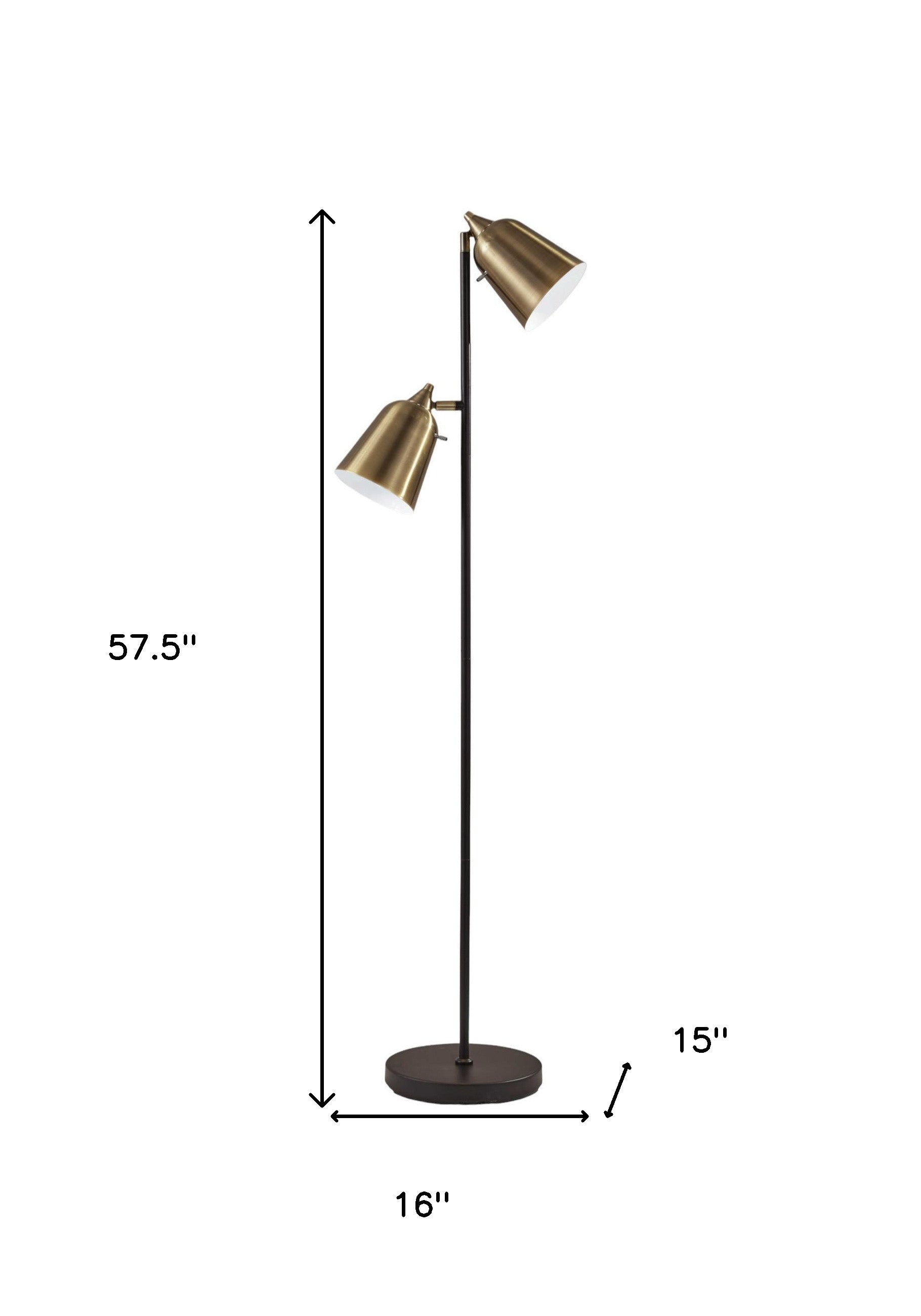 58" Black Two Light Floor Lamp With Antiqued Brass Cone Shades-7