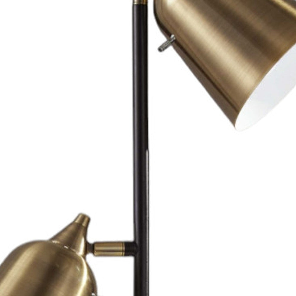 58" Black Two Light Floor Lamp With Antiqued Brass Cone Shades-2