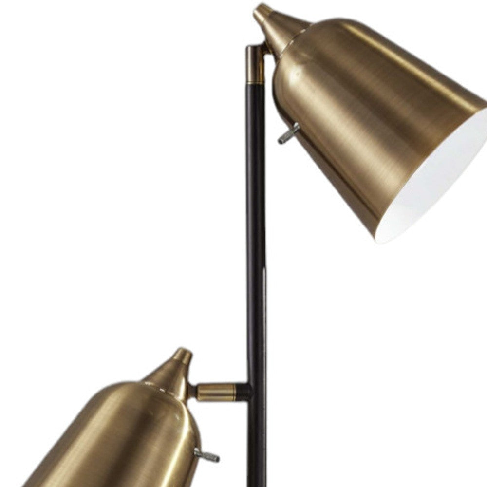 58" Black Two Light Floor Lamp With Antiqued Brass Cone Shades-3