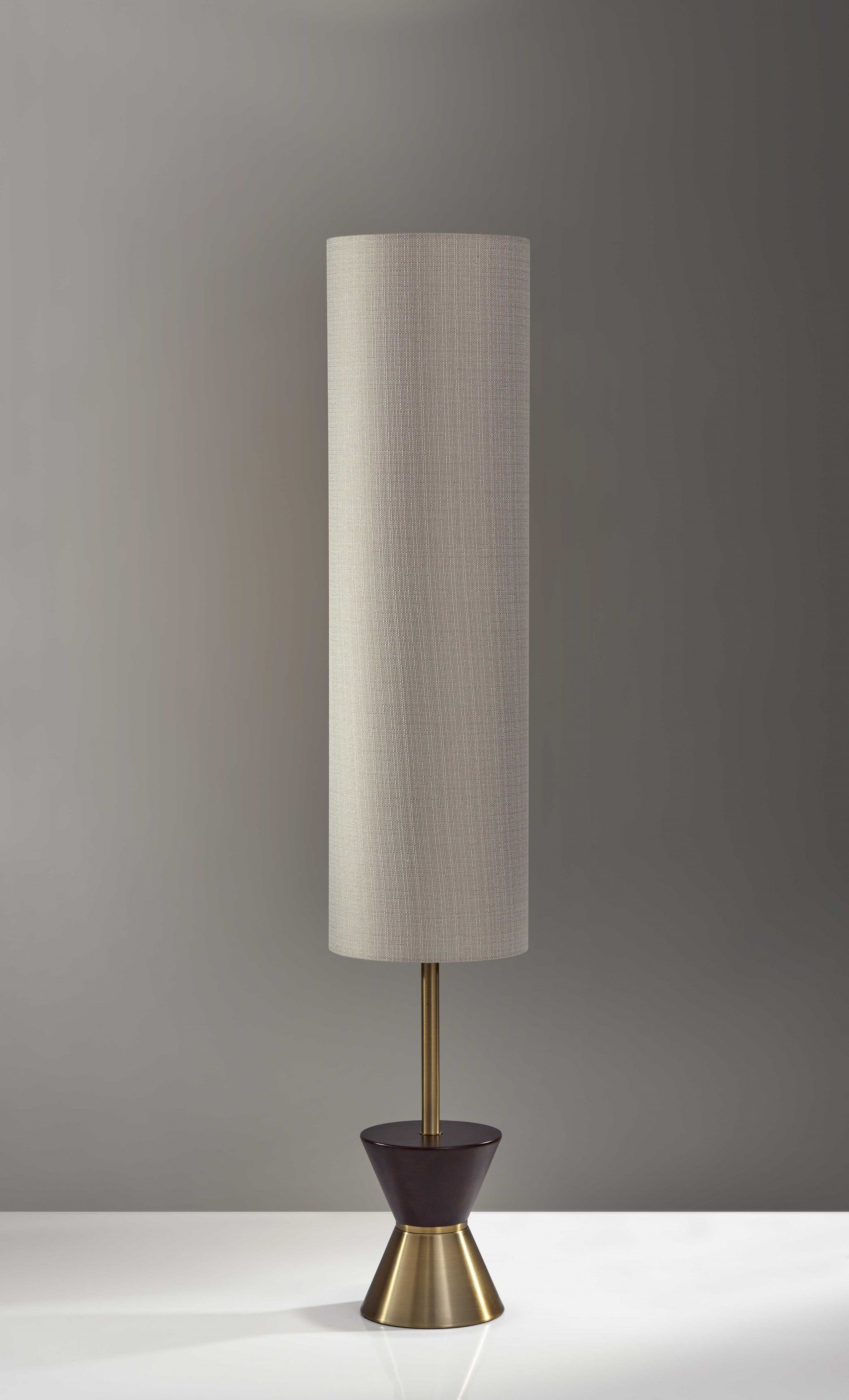 59" Brass And Wood Textured Cylinder Beige Floor Lamp-1