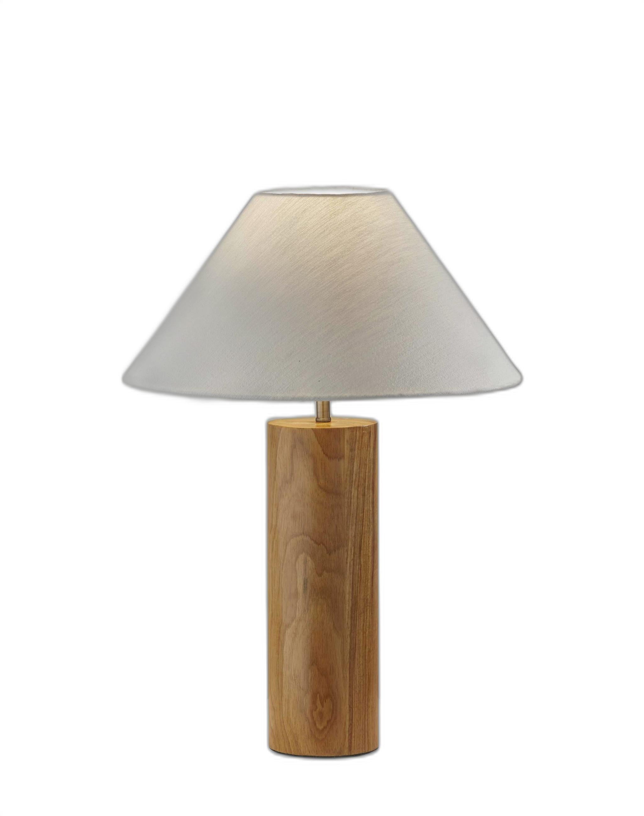 26" Natural Solid Wood Cylinder Table Lamp With White Cone Shade-0