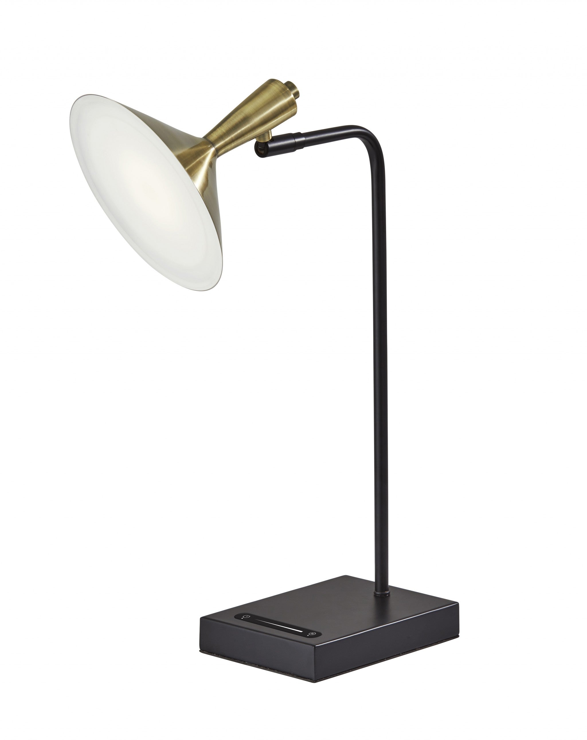 22" Black Metal LED Desk Table Lamp With USB And Antiqued Brass Cone Shade-1