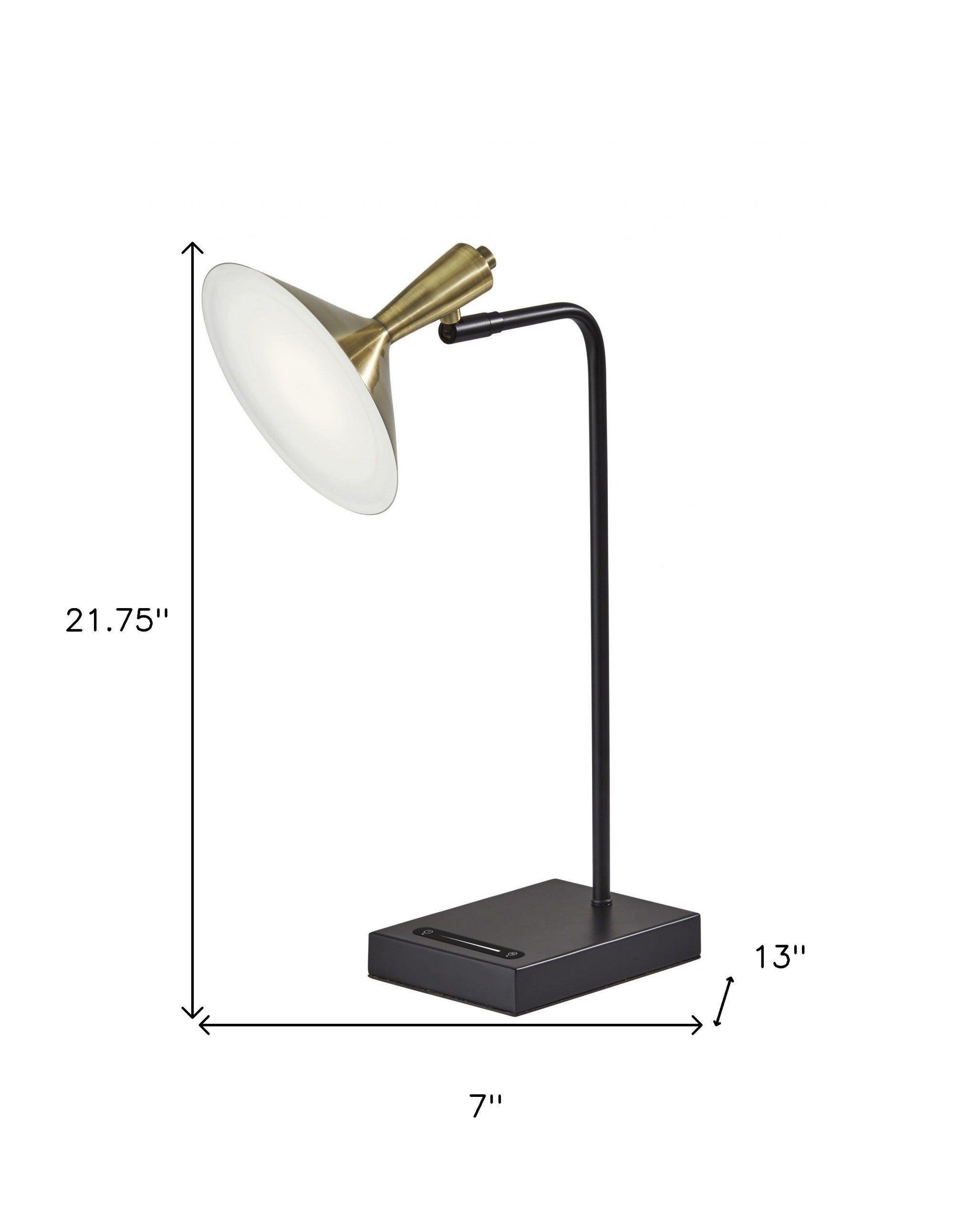 22" Black Metal LED Desk Table Lamp With USB And Antiqued Brass Cone Shade-8